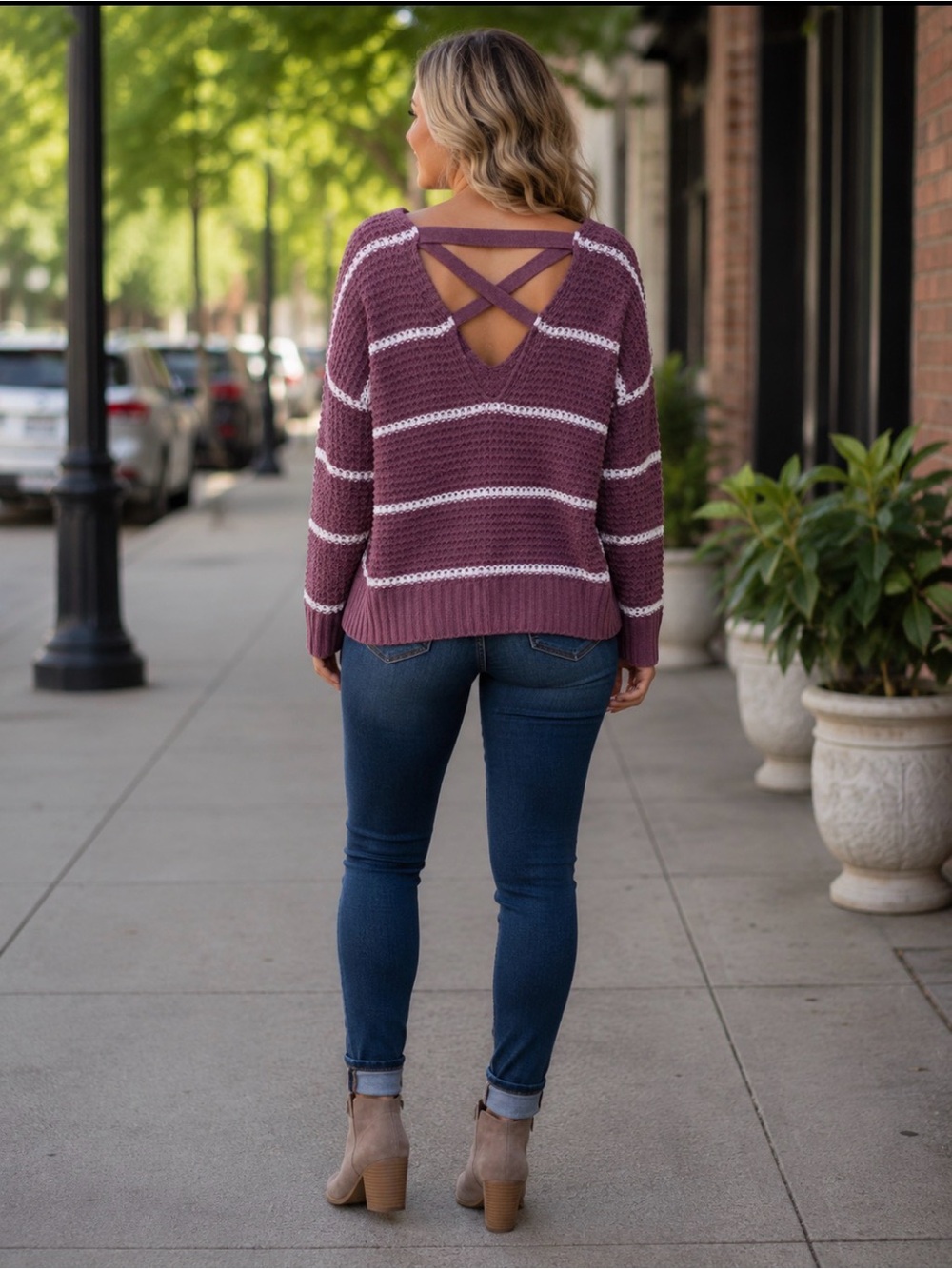 Moral Fiber mauve striped vneck criss cross back sweater